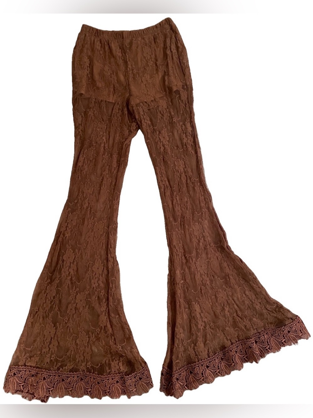 POLLY & ESTHER Boho Hippie Sheer Stretch LACE Flare PANTS With Shorts Lining S